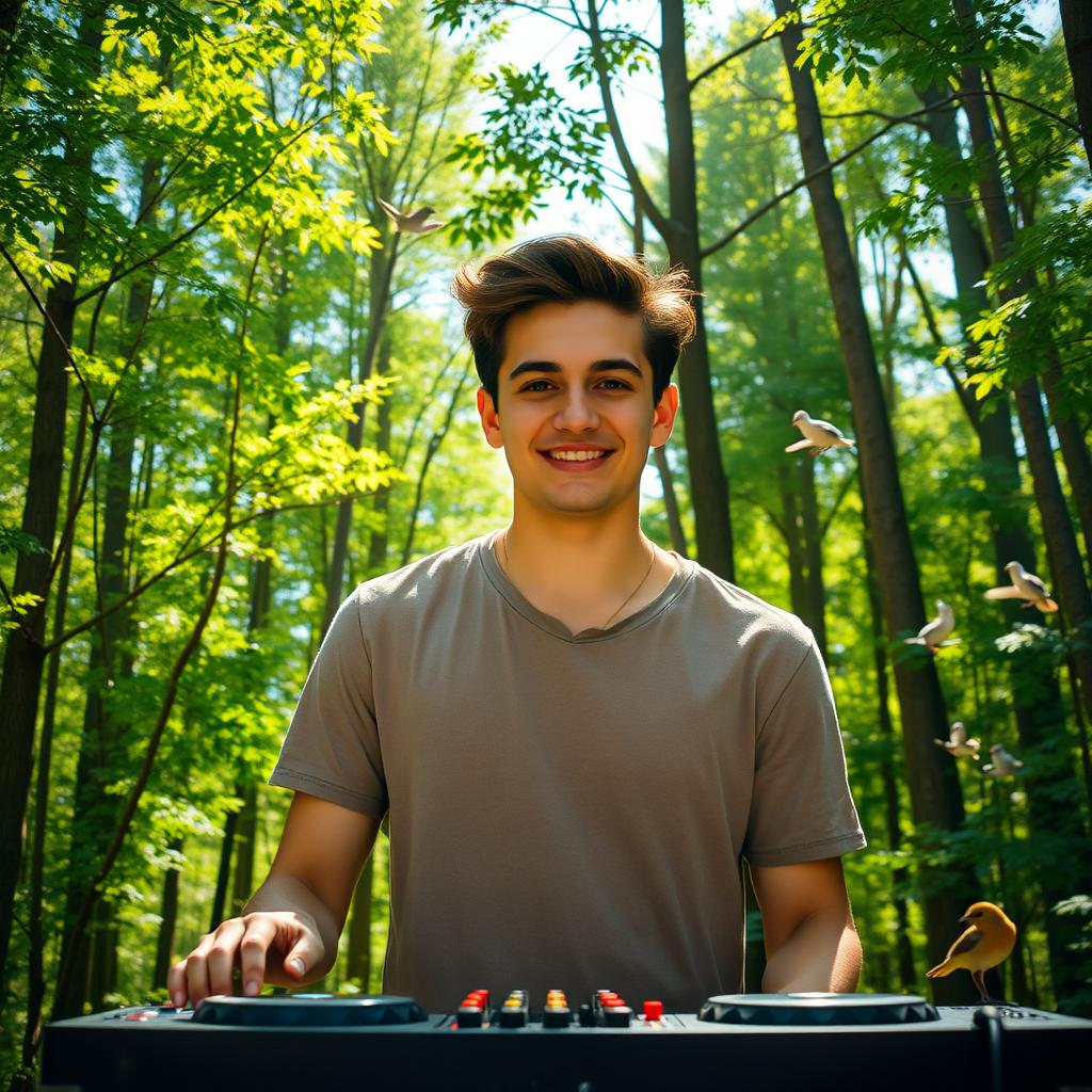A handsome young man resembling David Reyes Cubillas, age 19, standing in a vibrant forest on a sunny day