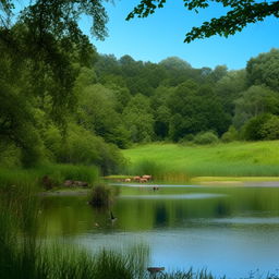 A serene nature scene exhibiting peace and beauty. A calm tranquil lake lies beneath a clear sky, while lush woods frame the view. Graceful animals roam freely, adding to the scene's tranquility and allure.