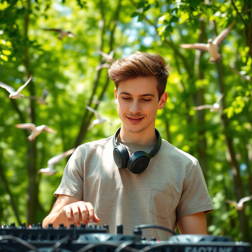 A handsome 19-year-old white male resembling David Reyes Cubillas in a vibrant green forest on a sunny day