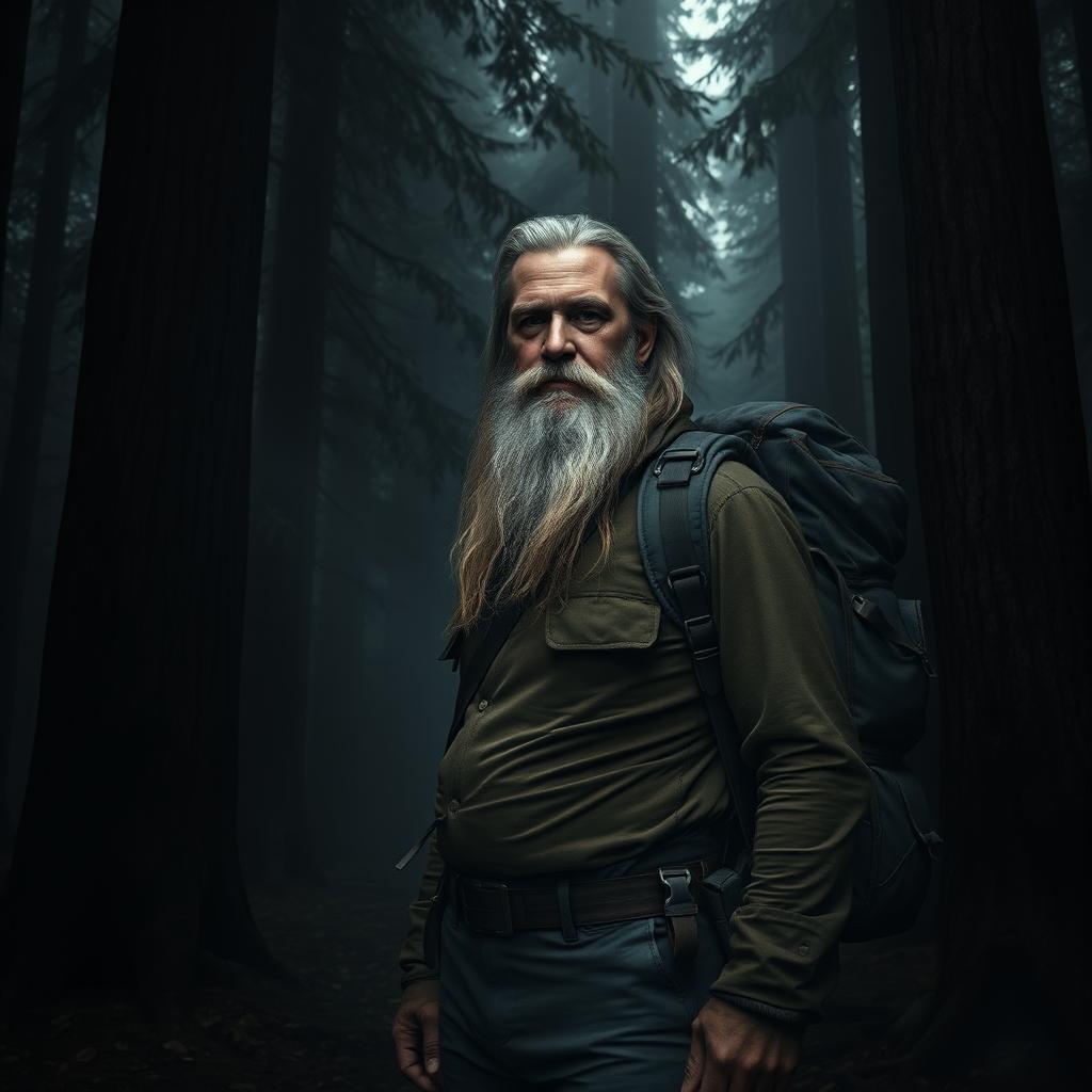 A hyper-realistic image of a white middle-aged man with long hair and a full beard, wearing rugged outdoor clothing and carrying a large backpack