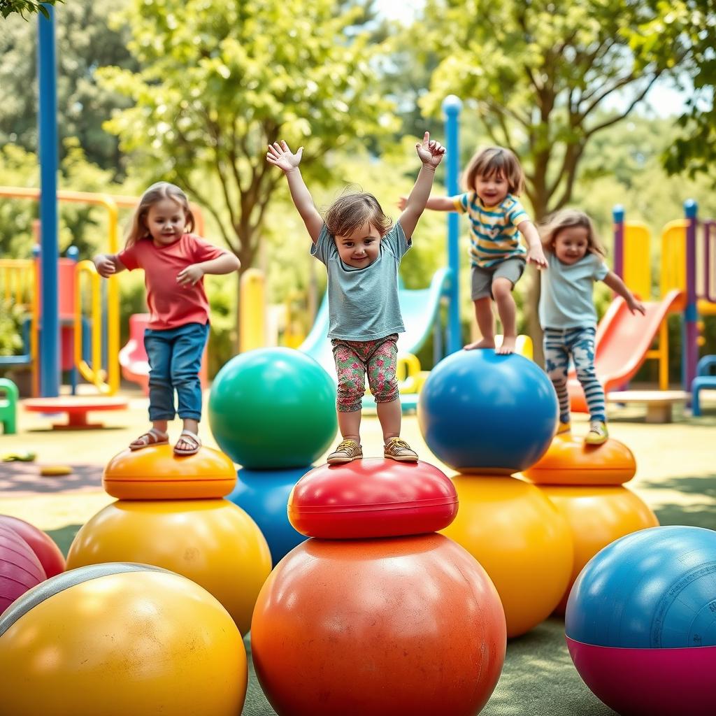 A vibrant and dynamic scene depicting children standing on balance balls, challenging each other to see who can maintain their balance the longest