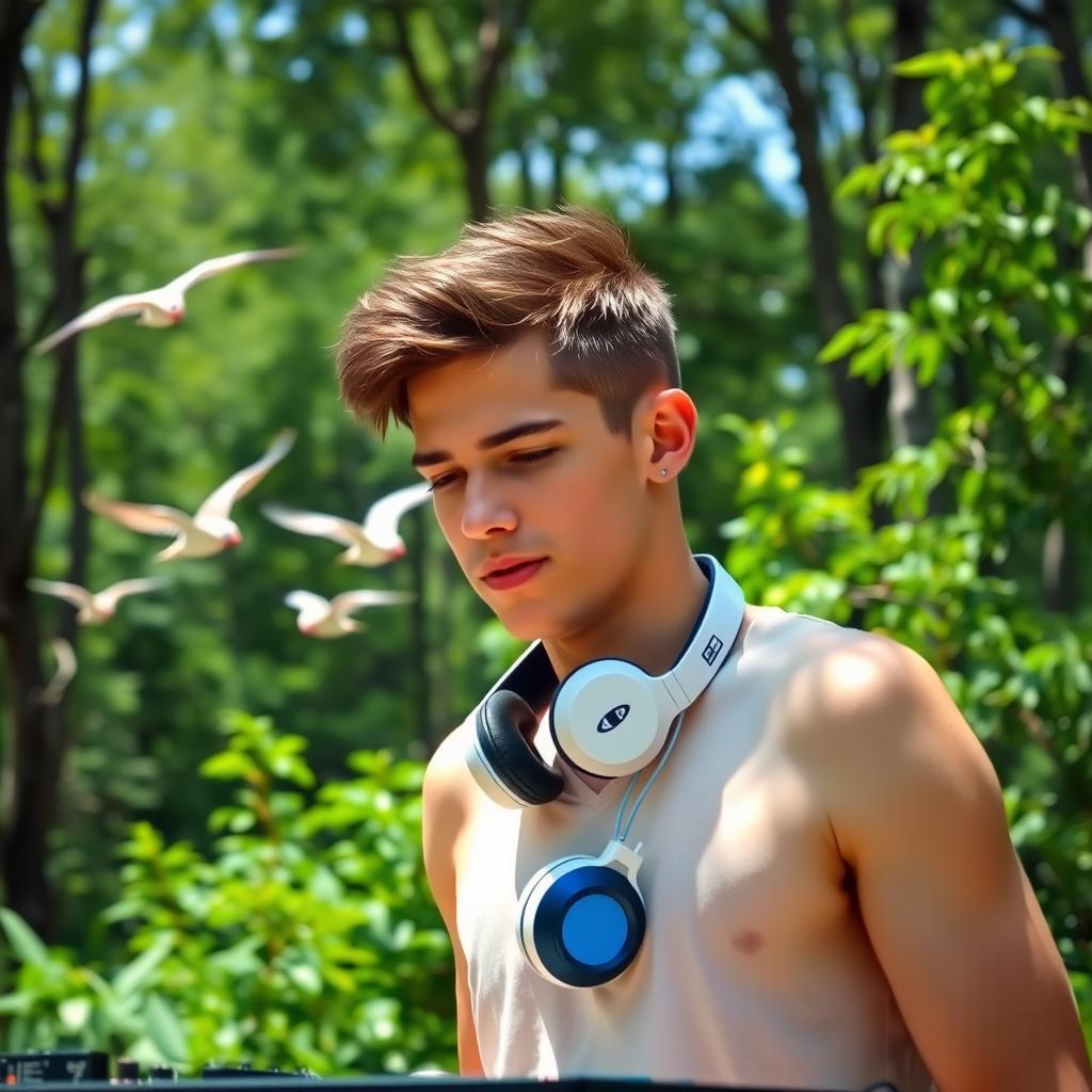 A handsome 19-year-old white male resembling David Reyes Cubillas, standing in a lush green forest on a sunny day