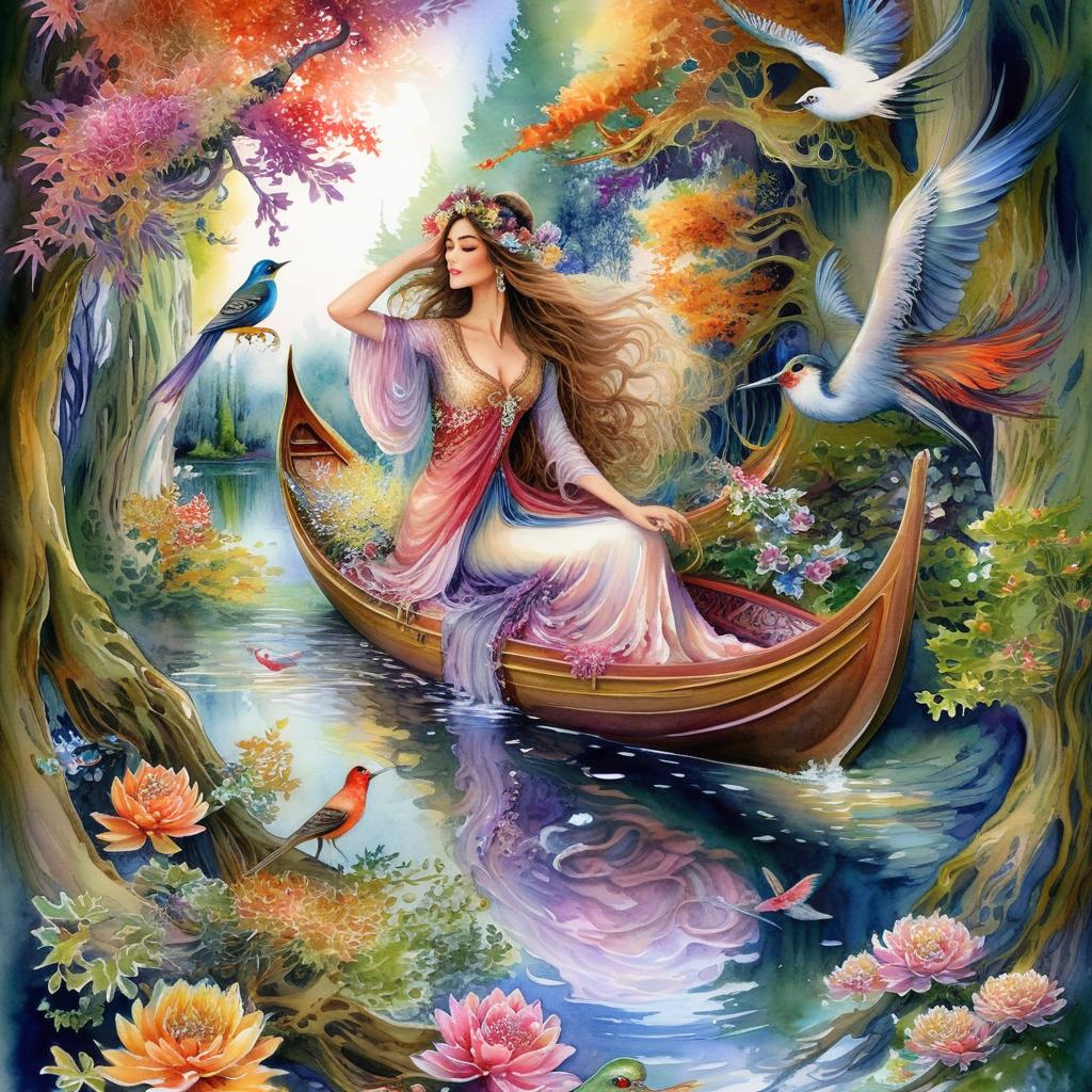 Mystical and spiritual watercolor painting of a beautiful woman sitting inside a royal boat on a beautiful and peaceful pond in a dense forest with cypress trees, plane trees, grapevines, winding bonsai trees, and a whirlwind of colorful flowers and beautiful little birds.