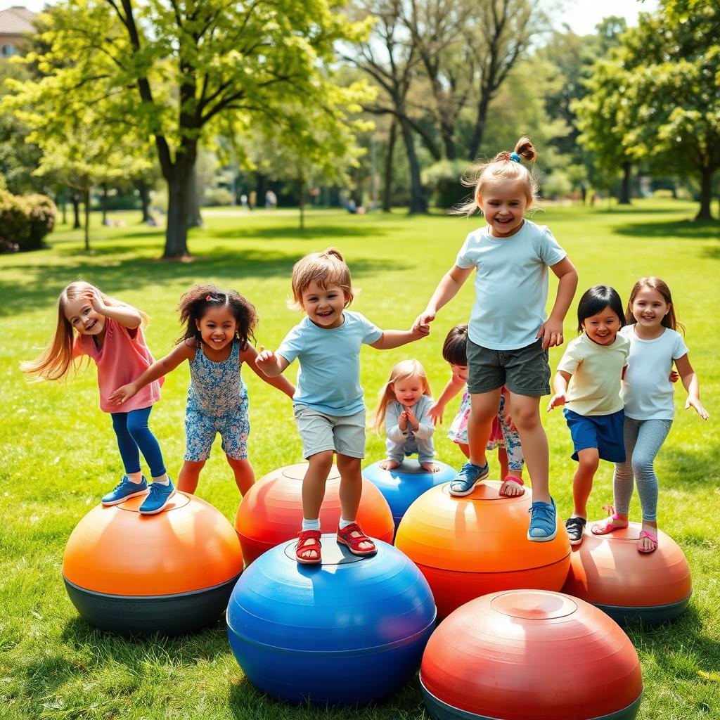A vibrant and energetic scene featuring children standing on half exercise balls, challenging each other to maintain their balance for the longest time possible