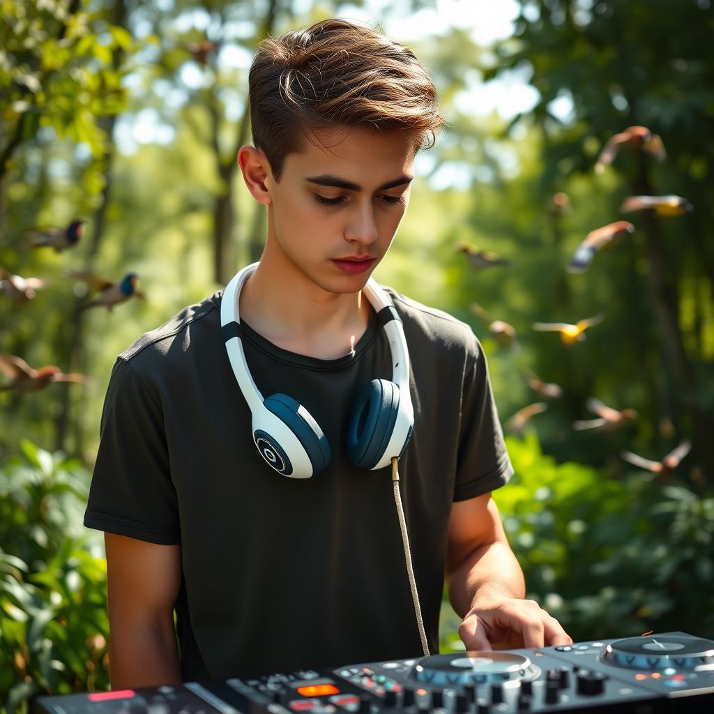 A handsome 19-year-old white male resembling David Reyes Cubillas, standing in a lush green forest on a sunny day