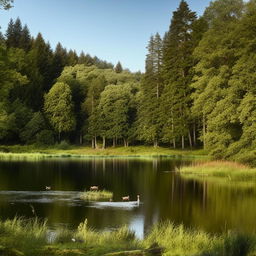 A serene nature scene exhibiting peace and beauty. A calm tranquil lake lies beneath a clear sky, while lush woods frame the view. Graceful animals roam freely, adding to the scene's tranquility and allure.