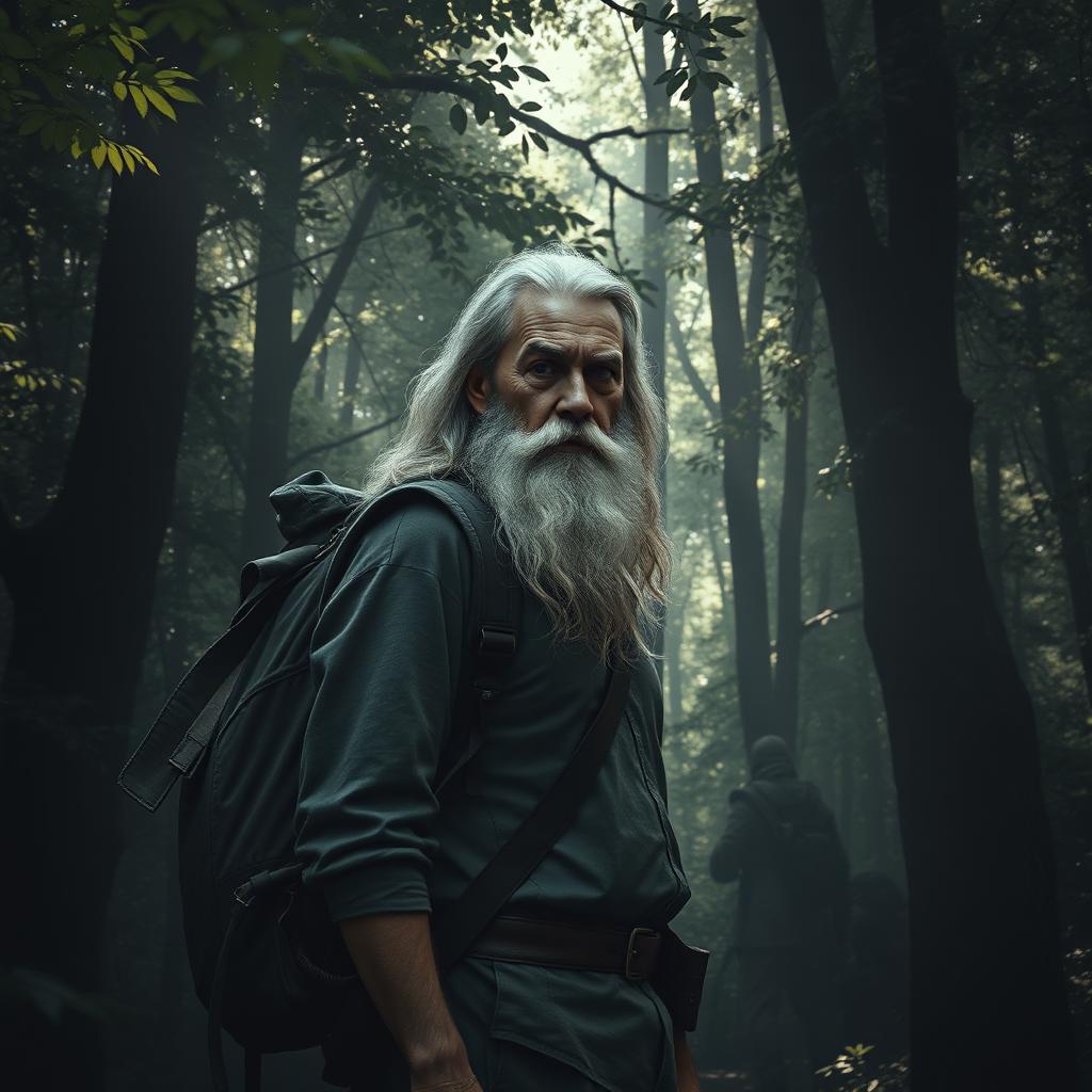 A hyper-realistic depiction of a white middle-aged man with long hair and a bushy beard, carrying a rugged backpack