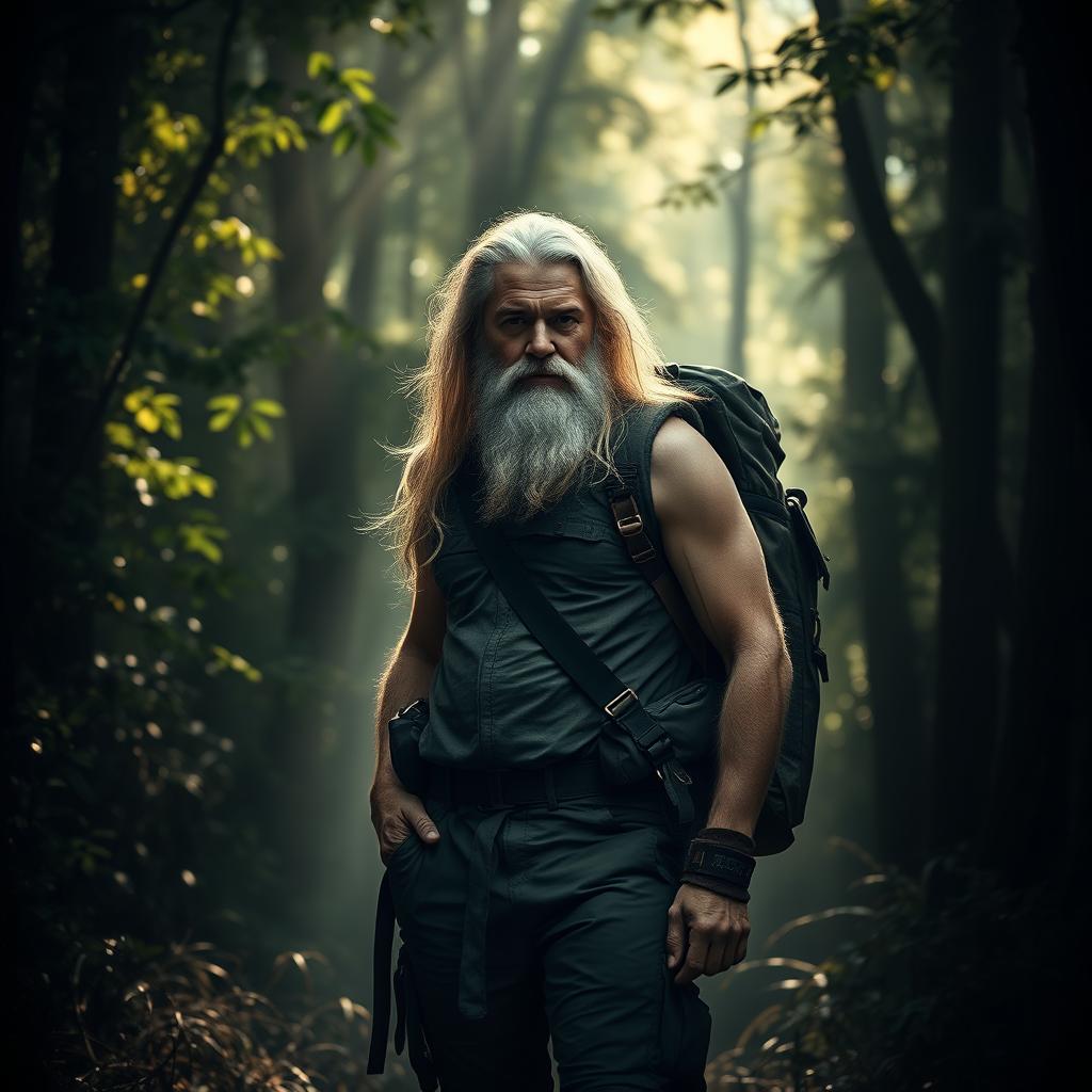 A hyper-realistic image of a white man with long, flowing hair and a short beard, standing confidently in a dense, shadowy forest