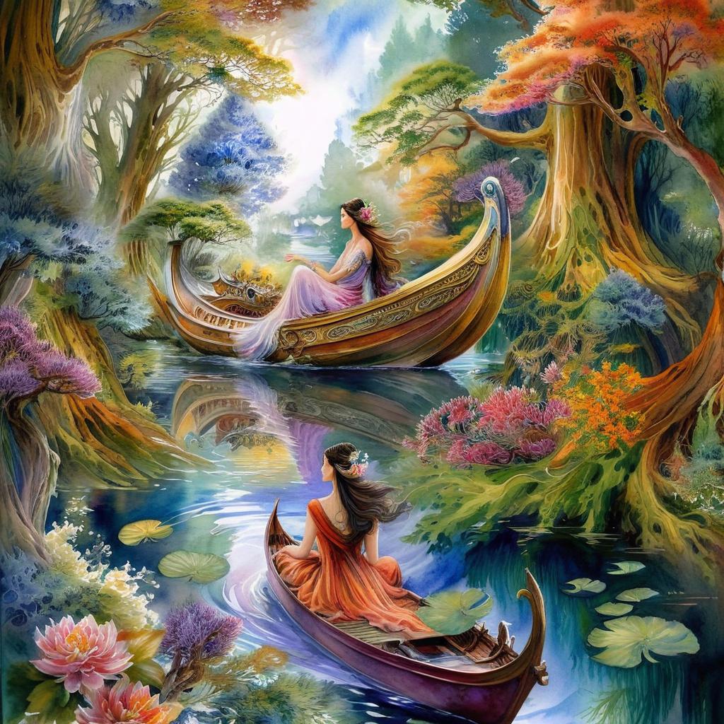 Mystical and spiritual watercolor painting of a beautiful woman sitting inside a royal boat on a beautiful and peaceful pond in a dense forest with cypress trees, plane trees, grapevines, winding bonsai trees, and a whirlwind of colorful flowers and beautiful.