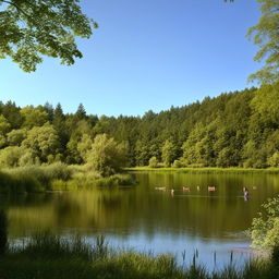 A serene nature scene exhibiting peace and beauty. A calm tranquil lake lies beneath a clear sky, while lush woods frame the view. Graceful animals roam freely, adding to the scene's tranquility and allure.