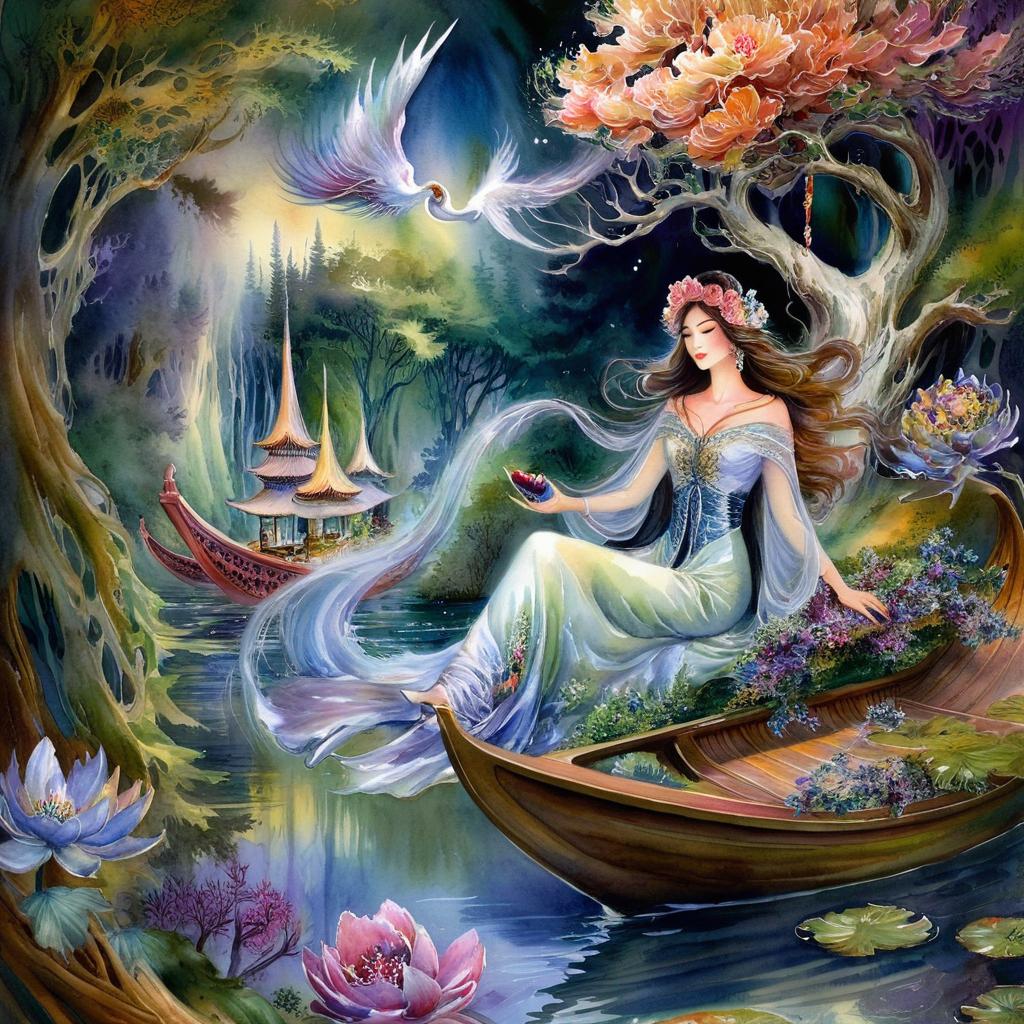 Mystical and spiritual watercolor painting of a beautiful woman sitting inside a royal boat on a beautiful and peaceful pond in a dense forest with cypress trees, plane trees, grapevines, winding bonsai trees, and a whirlwind of colorful flowers and beautiful.