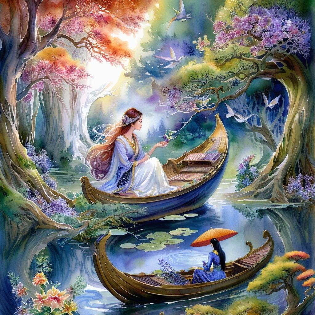 Mystical and spiritual watercolor painting of a beautiful woman sitting inside a royal boat on a beautiful and peaceful pond in a dense forest with cypress trees, plane trees, grapevines, winding bonsai trees, and a whirlwind of colorful flowers and beautiful.