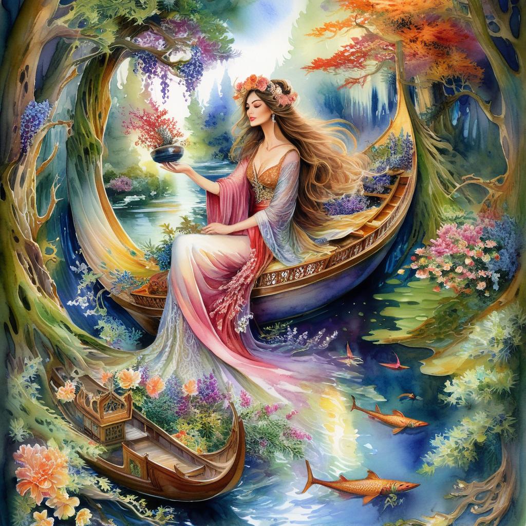 Mystical and spiritual watercolor painting of a beautiful woman sitting inside a royal boat on a beautiful and peaceful pond in a dense forest with cypress trees, plane trees, grapevines, winding bonsai trees, and a whirlwind of colorful flowers and beautiful.