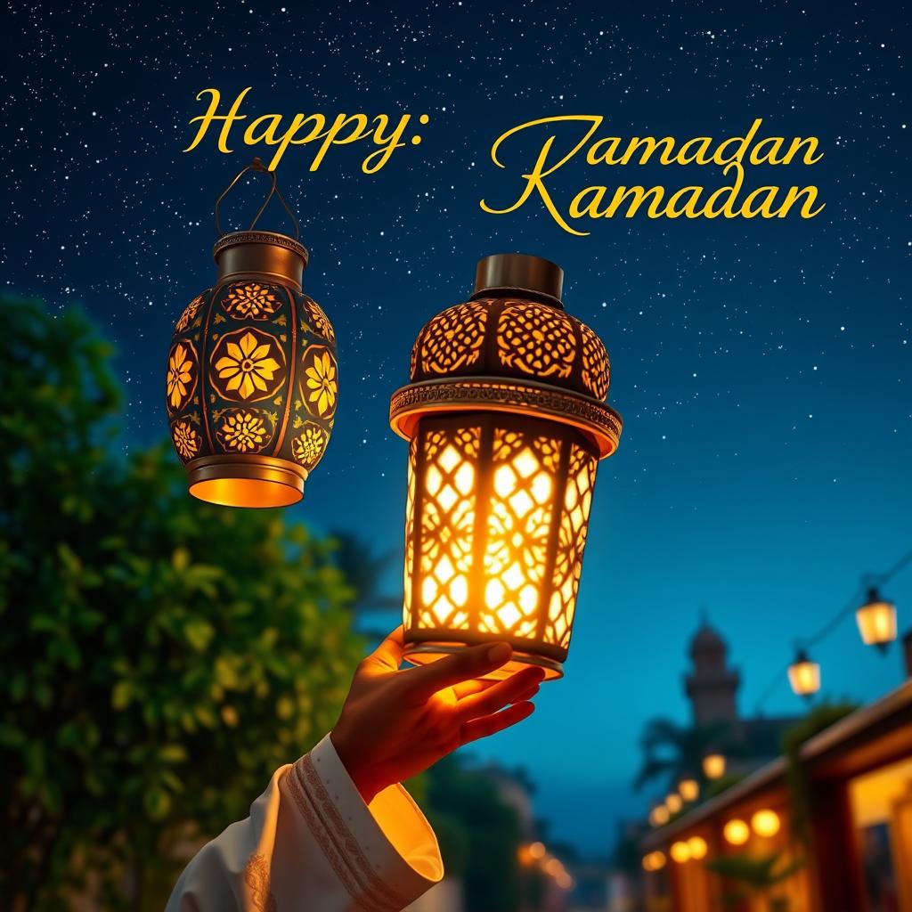 A man holding a traditional lantern, celebrating Ramadan, with intricate patterns and warm glowing light coming from it