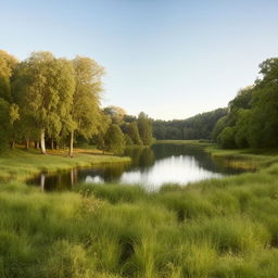 A serene nature scene exhibiting peace and beauty. A calm tranquil lake lies beneath a clear sky, while lush woods frame the view. Graceful animals roam freely, adding to the scene's tranquility and allure.