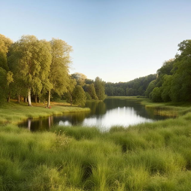 A serene nature scene exhibiting peace and beauty. A calm tranquil lake lies beneath a clear sky, while lush woods frame the view. Graceful animals roam freely, adding to the scene's tranquility and allure.