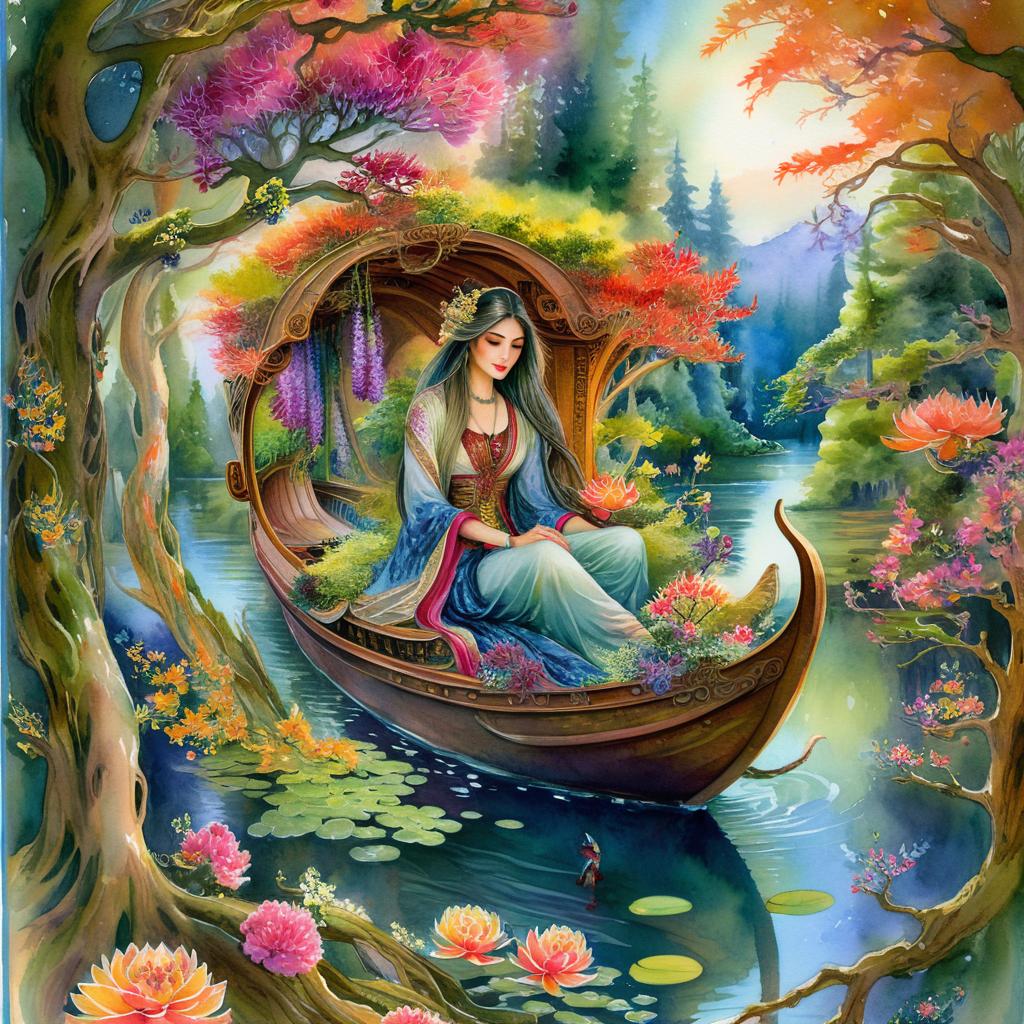 Mystical and spiritual watercolor painting of a beautiful woman sitting inside a royal boat on a beautiful and peaceful pond in a dense forest with cypress trees, plane trees, grapevines, winding bonsai trees, and a whirlwind of colorful flowers and beautiful.