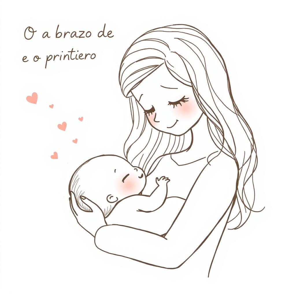In whimsical minimalist sketch style, a loving mother with soft, wavy hair gently embraces her tiny baby in a tender moment, their faces close together
