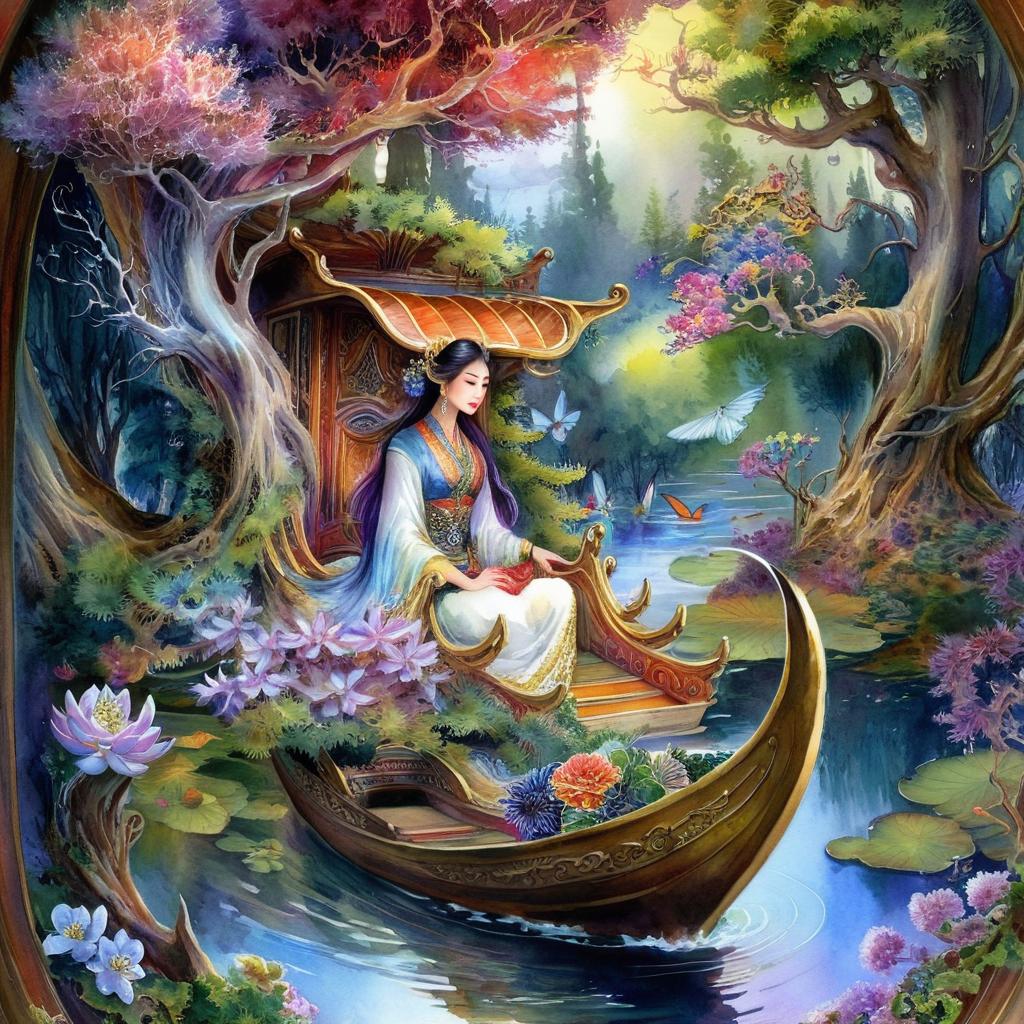 Mystical and spiritual watercolor painting of a beautiful woman sitting inside a royal boat on a beautiful and peaceful pond in a dense forest with cypress trees, plane trees, grapevines, winding bonsai trees, and a whirlwind of colorful flowers and beautiful.