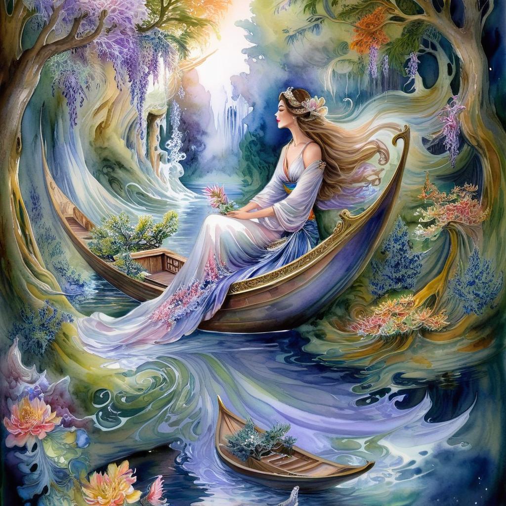Mystical and spiritual watercolor painting of a beautiful woman sitting inside a royal boat on a beautiful and peaceful pond in a dense forest with cypress trees, plane trees, grapevines, winding bonsai trees, and a whirlwind of colorful flowers and beautiful.