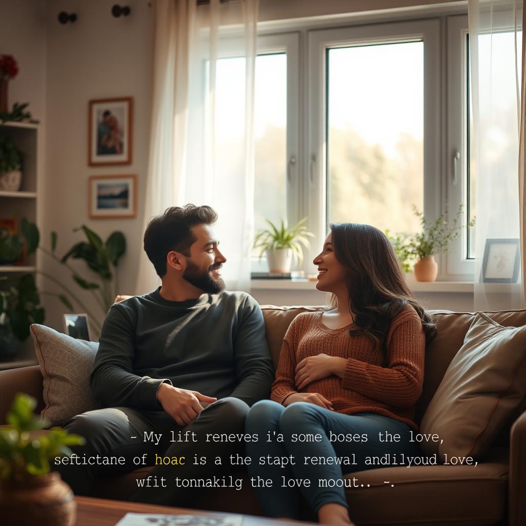 A peaceful and serene home setting, displaying a couple sitting together on a cozy couch, looking into each other's eyes with genuine affection
