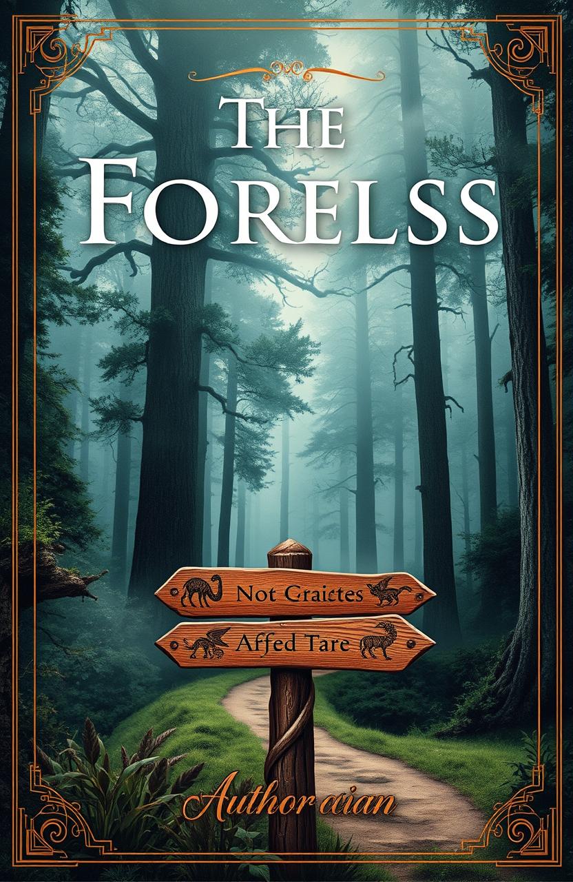 A captivating book cover design featuring a mysterious forest shrouded in mist, with tall, ancient trees looming over a winding path