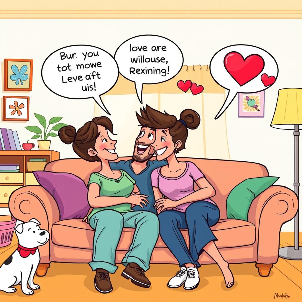 A colorful and whimsical cartoon illustration of a couple sitting on a bright, inviting couch in a cheerful living room