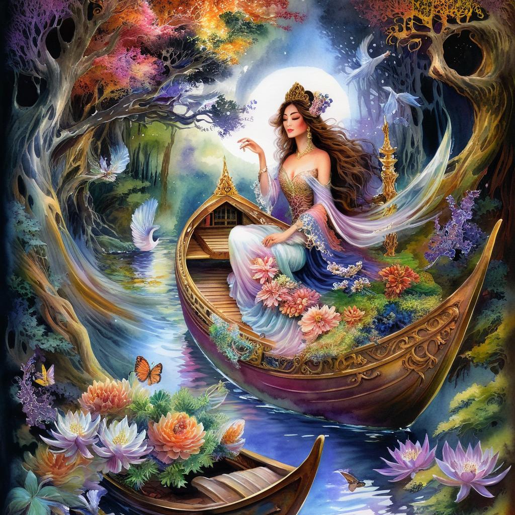 Mystical and spiritual watercolor painting of a beautiful woman sitting inside a royal boat on a beautiful and peaceful pond in a dense forest with cypress trees, plane trees, grapevines, winding bonsai trees, and a whirlwind of colorful flowers and beautiful.