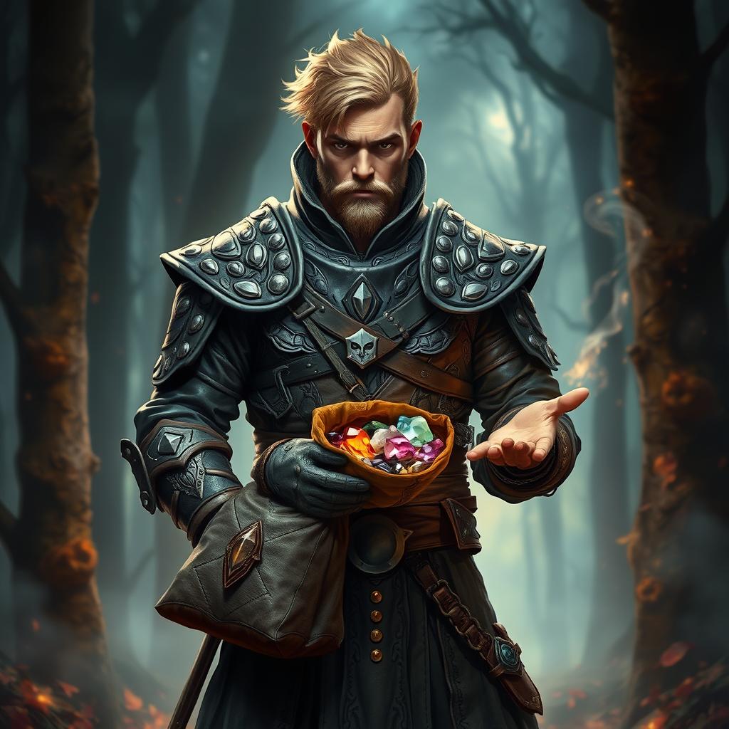 A human warlock character dressed in intricate tabby leather armor, blending various shades of gray and brown, showcasing detailed craftsmanship