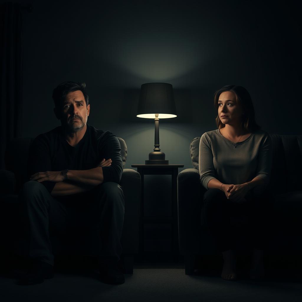 A dramatic and moody scene featuring a husband and wife sitting on opposite ends of a dimly lit living room