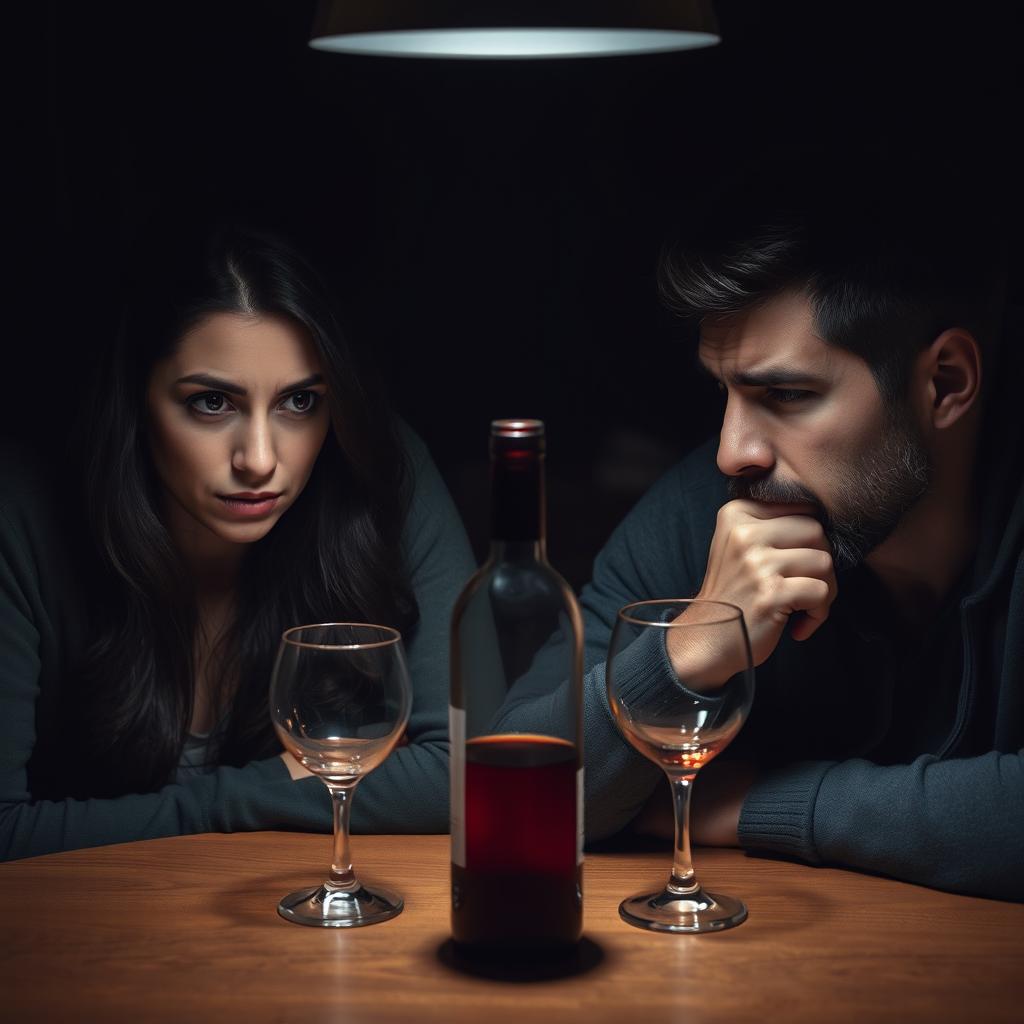 A couple in a dimly lit room, sitting on opposite sides of a table, their expressions reflecting tension and sadness