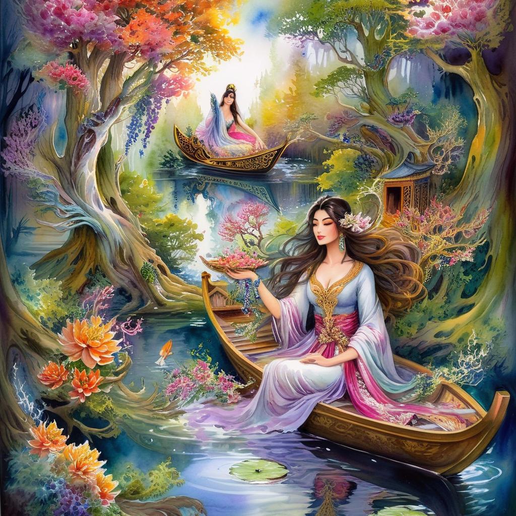 Mystical and spiritual watercolor painting of a beautiful woman sitting inside a royal boat on a beautiful and peaceful pond in a dense forest with cypress trees, plane trees, grapevines, winding bonsai trees, and a whirlwind of colorful flowers and beautiful.