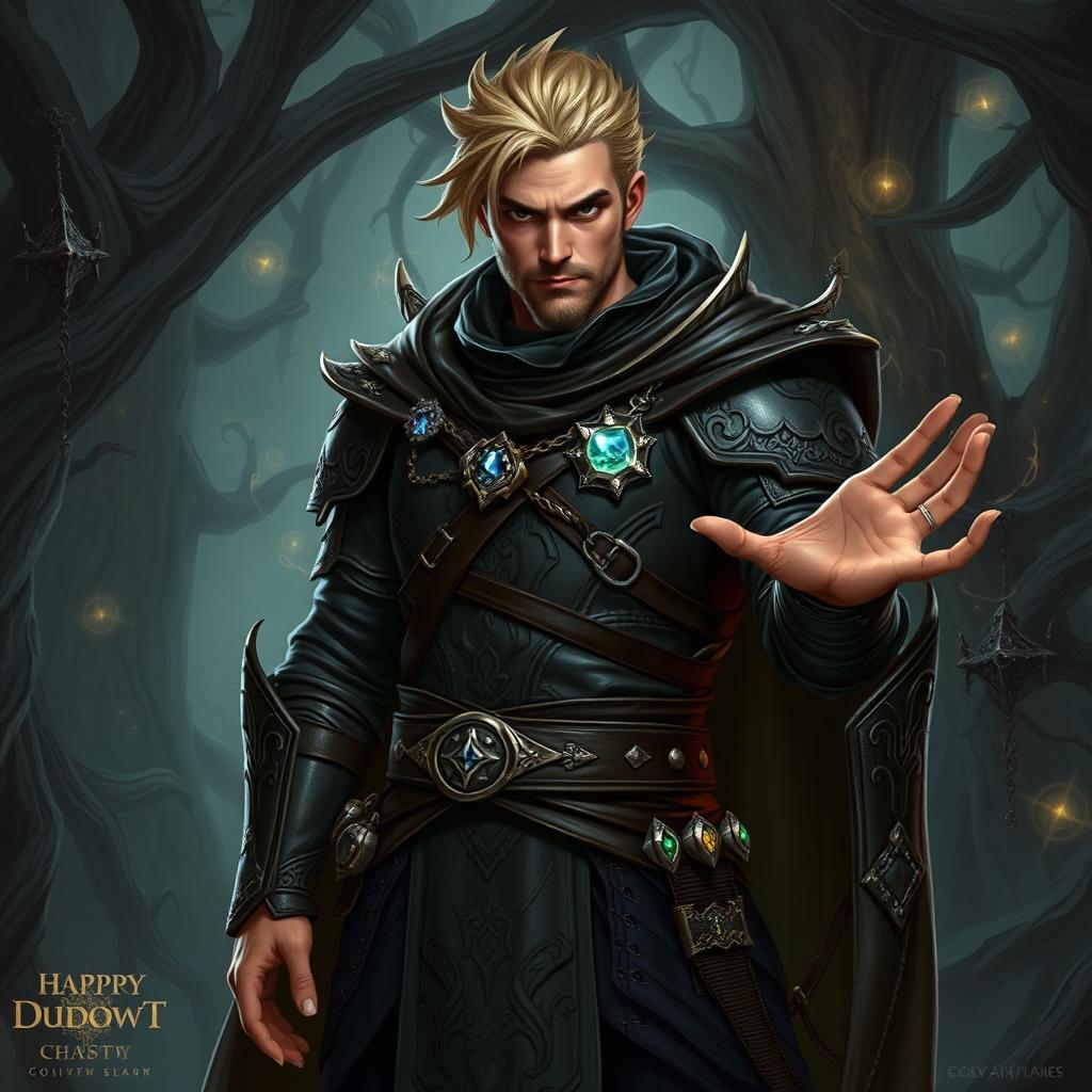 A male spellcaster character clad in finely crafted leather armor, designed for both protection and mobility