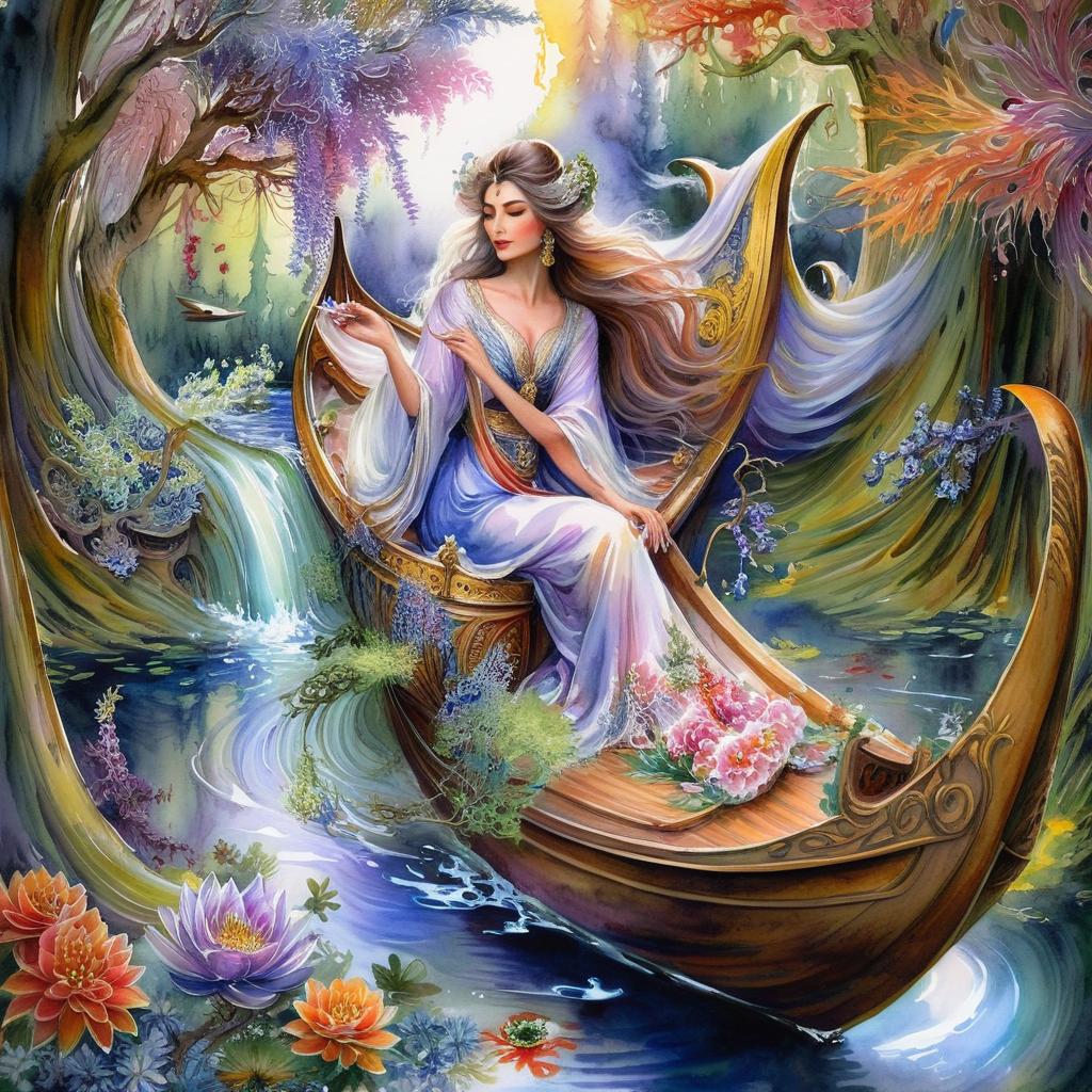 Mystical and spiritual watercolor painting of a beautiful woman sitting inside a royal boat on a beautiful and peaceful pond in a dense forest with cypress trees, plane trees, grapevines, winding bonsai trees, and a whirlwind of colorful flowers and beautiful.