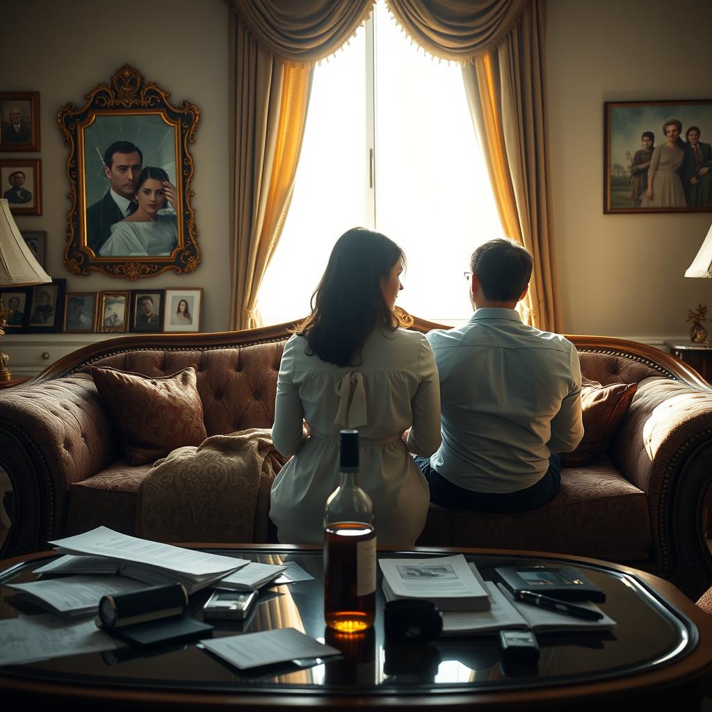 A contemplative scene symbolizing a broken marriage reflection, featuring a couple sitting apart on a large, ornate couch in a beautifully decorated living room filled with sunlight