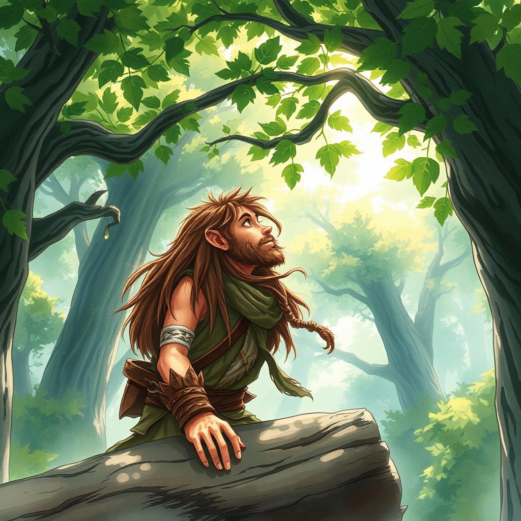A Dungeons and Dragons style watercolor illustration of a wild looking human man with long dirty brown hair, perched on a log