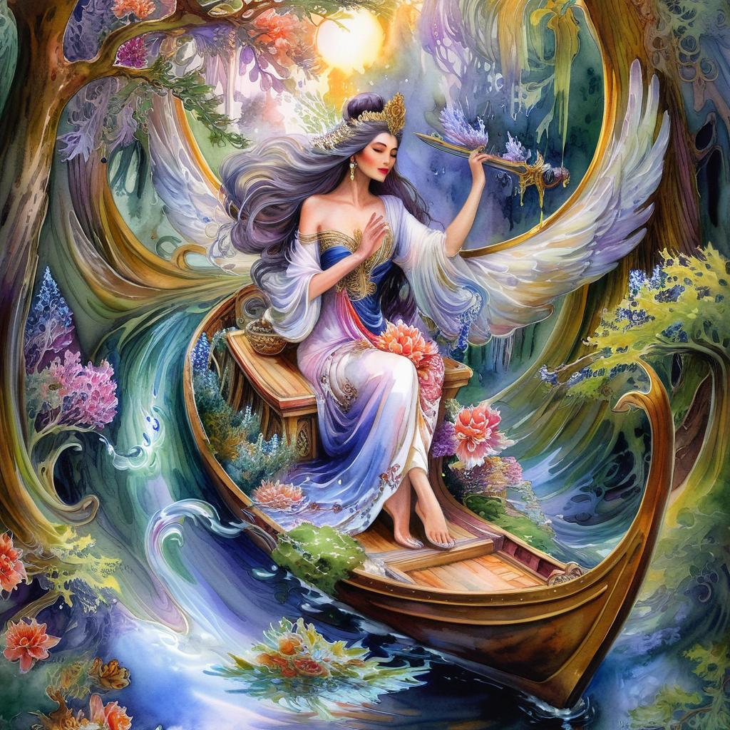 Mystical and spiritual watercolor painting of a beautiful woman sitting inside a royal boat on a beautiful and peaceful pond in a dense forest with cypress trees, plane trees, grapevines, winding bonsai trees, and a whirlwind of colorful flowers and beautiful.