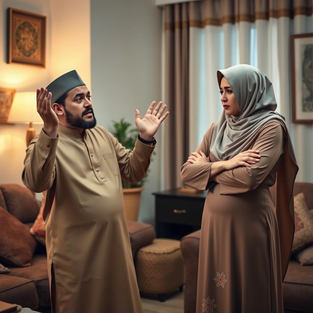 A dramatic scene depicting a Muslim couple having an intense argument in their home