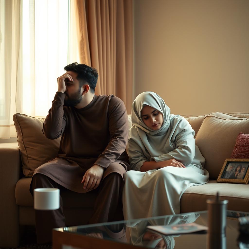 A poignant and reflective scene showcasing a Muslim husband and wife sitting apart in their living room after an argument