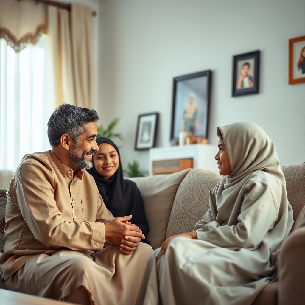 A serene and reflective scene portraying a Muslim family gathered in their living room, engaging in a deep and meaningful discussion