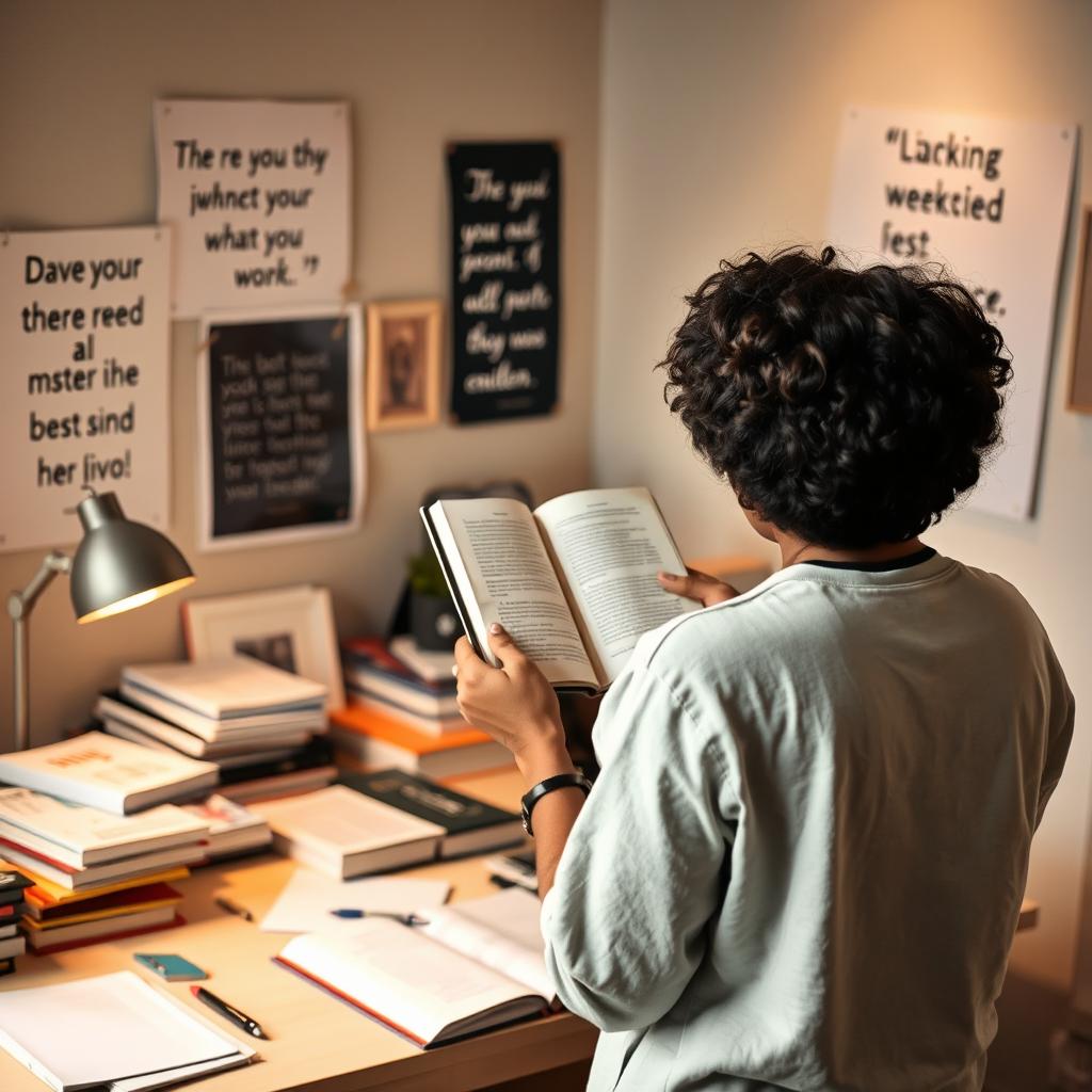 A focused individual engaged in self-improvement activities, standing by a desk cluttered with books, a journal, and notes