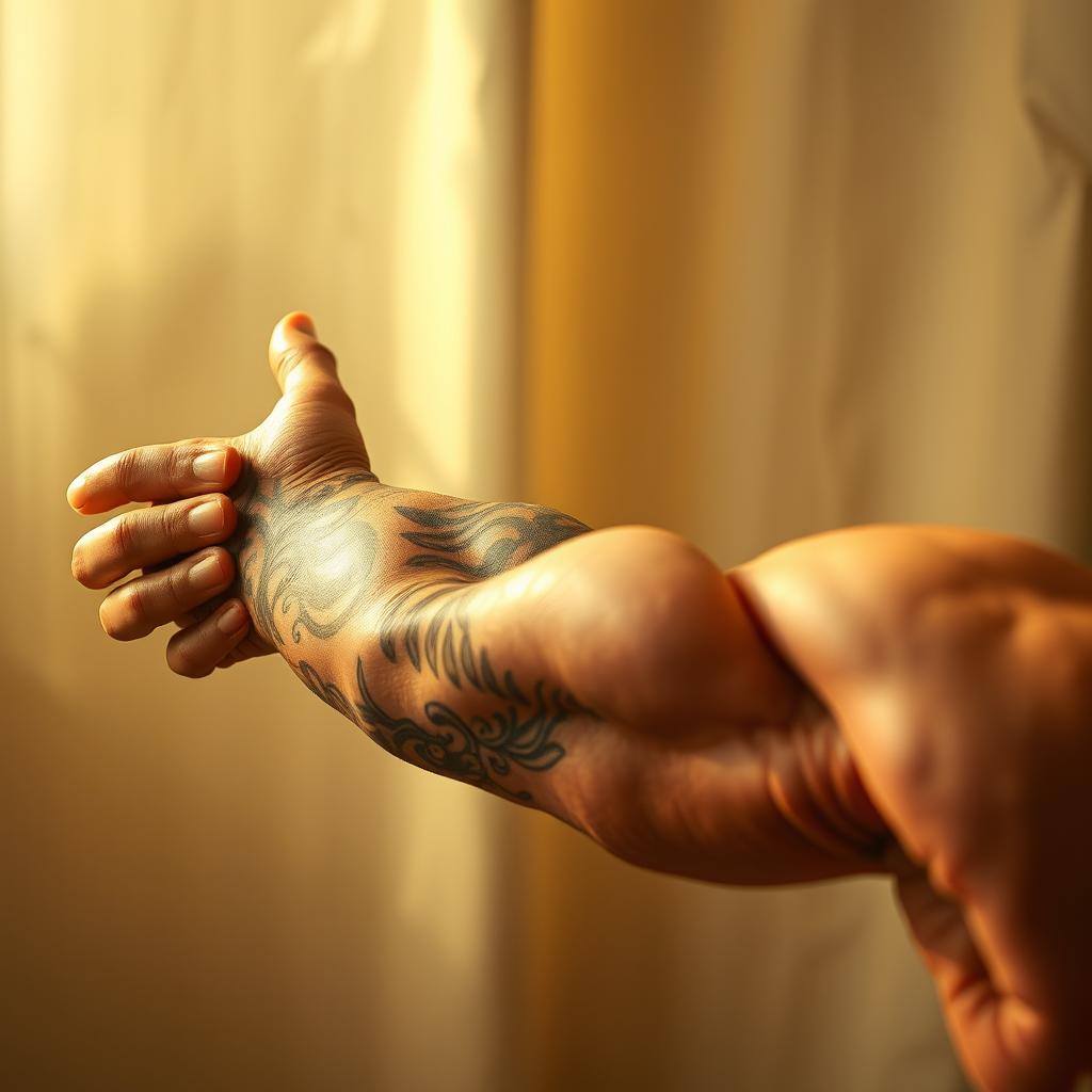 A muscular arm extending outward, with intricate tattoos adorning the skin, showcasing strength and power