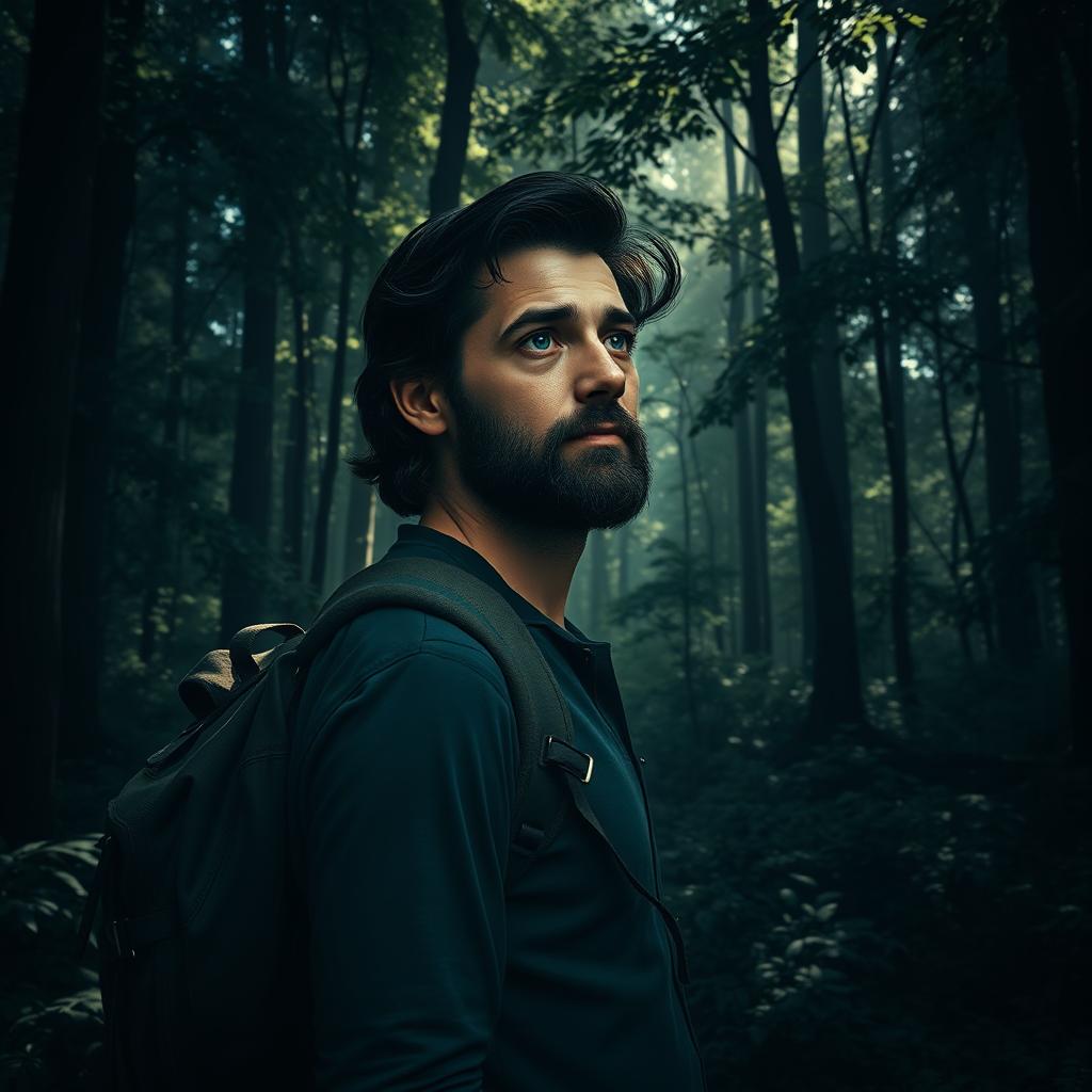 A hyper realistic image of a white man with medium length dark hair and a well-groomed beard, carrying a sturdy backpack