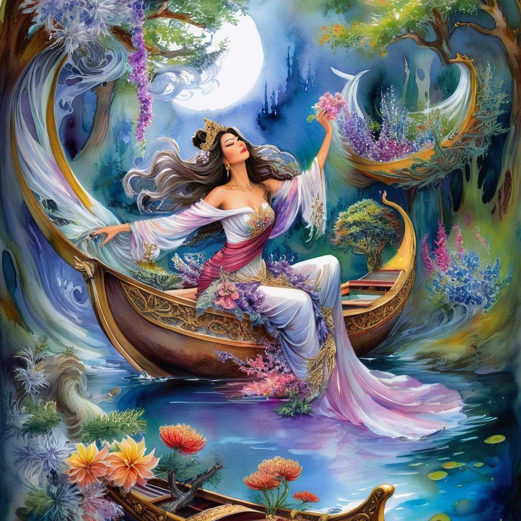 Mystical and spiritual watercolor painting of a beautiful woman sitting inside a royal boat on a beautiful and peaceful pond in a dense forest with cypress trees, plane trees, grapevines, winding bonsai trees, and a whirlwind of colorful flowers and beautiful.