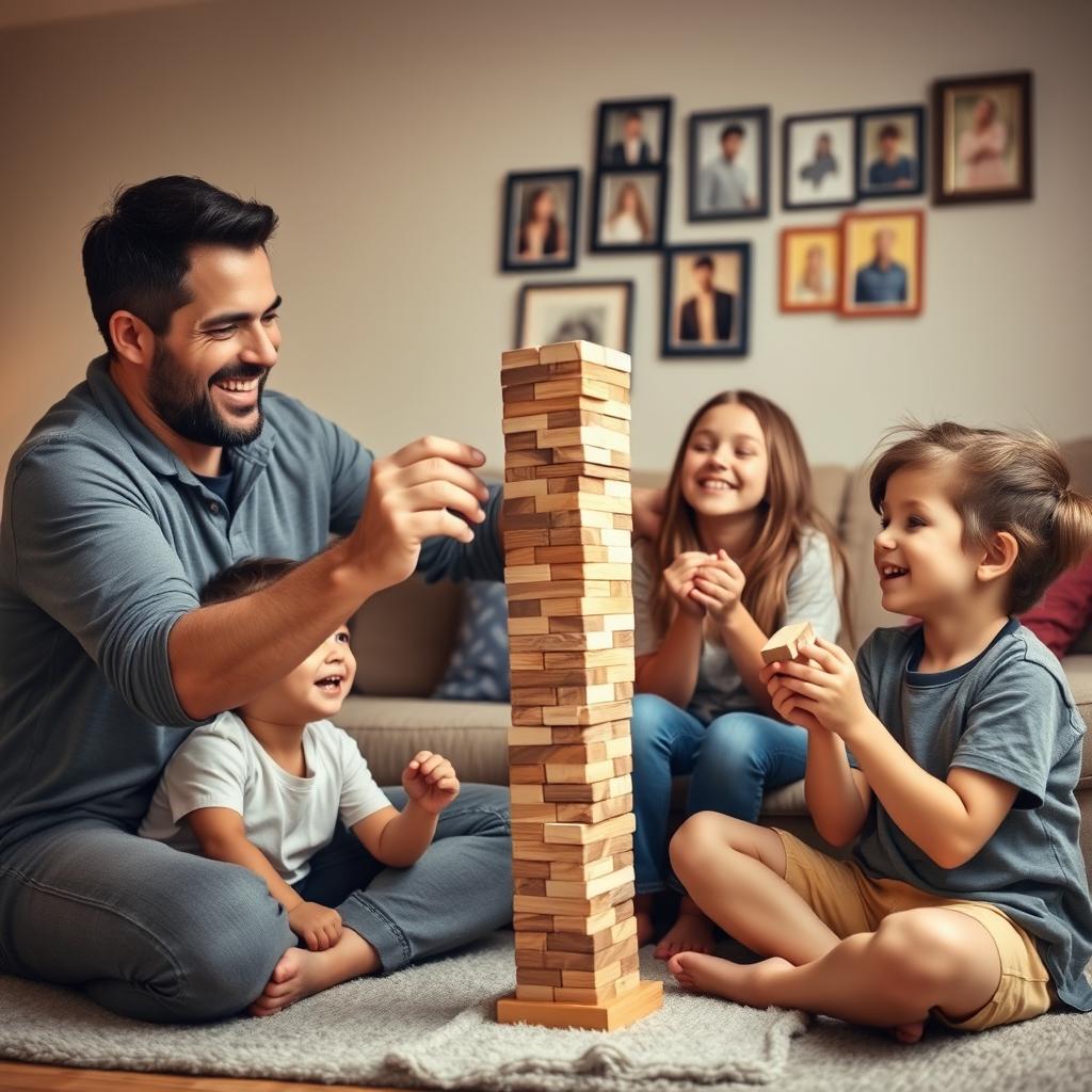 A cozy living room scene depicting a father playing Jenga with his two daughters and son