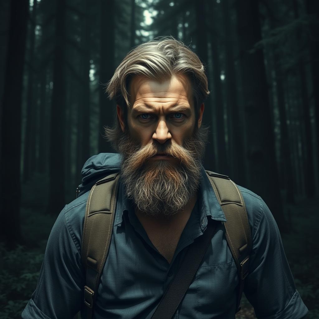 A hyper-realistic portrayal of an angry white man with medium-length hair and a full beard, standing assertively in a dense, shadowy forest