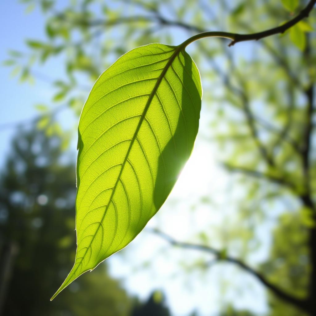 A delicate leaf dancing gracefully in the wind, showcasing its vibrant green color and intricate veining