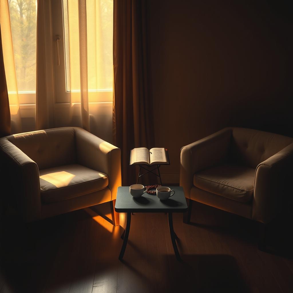 A dimly lit living room featuring two empty chairs angled slightly away from each other, symbolizing emotional distance