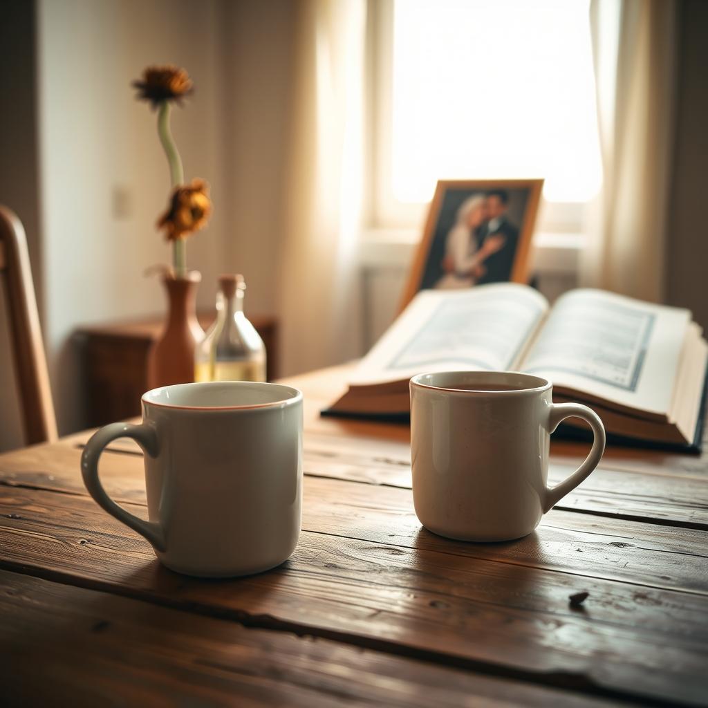A tranquil scene featuring two mugs of tea placed on a rustic wooden table, one mug slightly colder than the other, symbolizing a subtle emotional disconnect