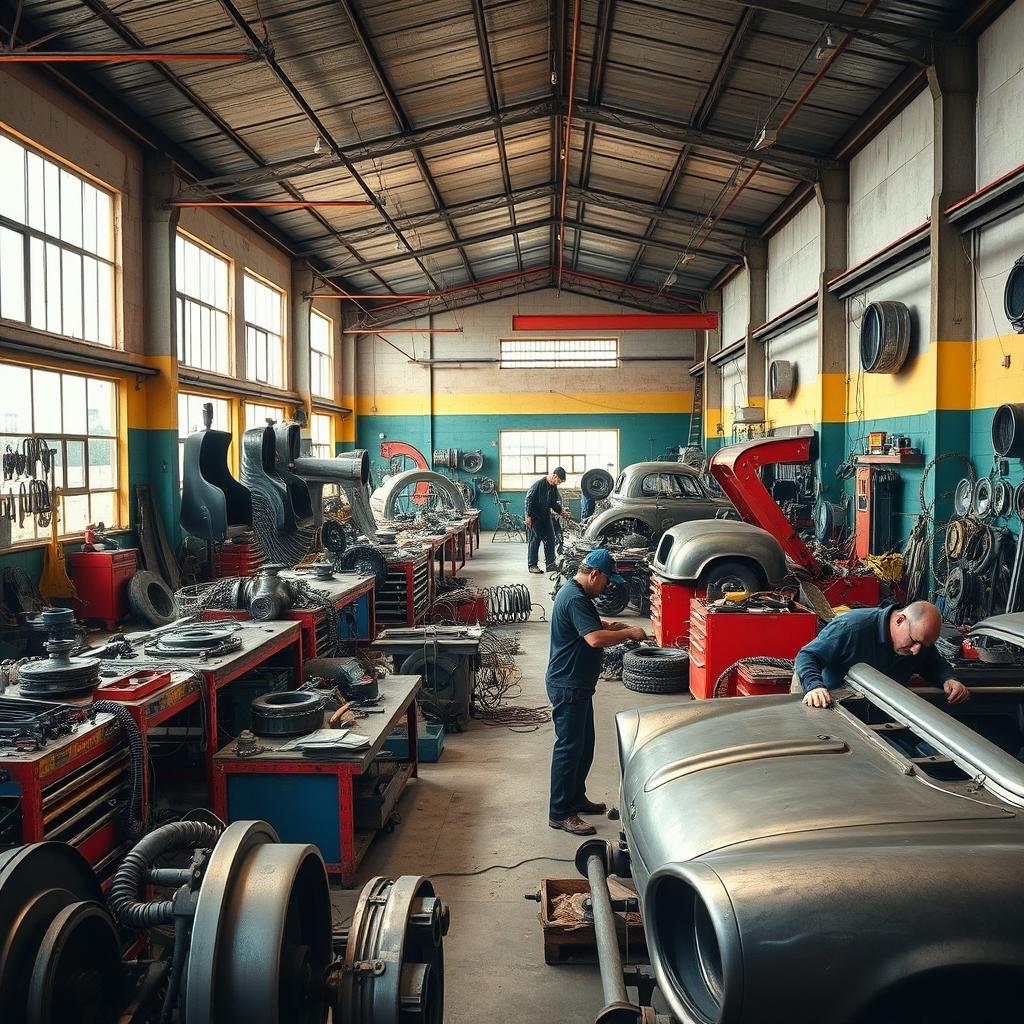 A funilaria workshop filled with colorful tools and equipment, showcasing a variety of car parts and metal structures